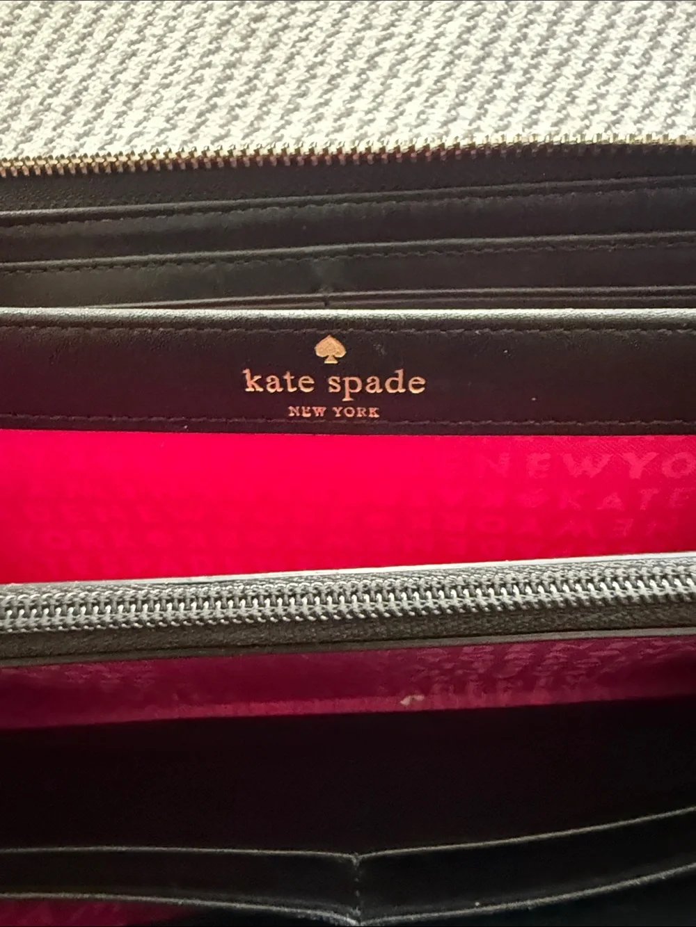kate spade Black and White Striped Patent Zip Wallet